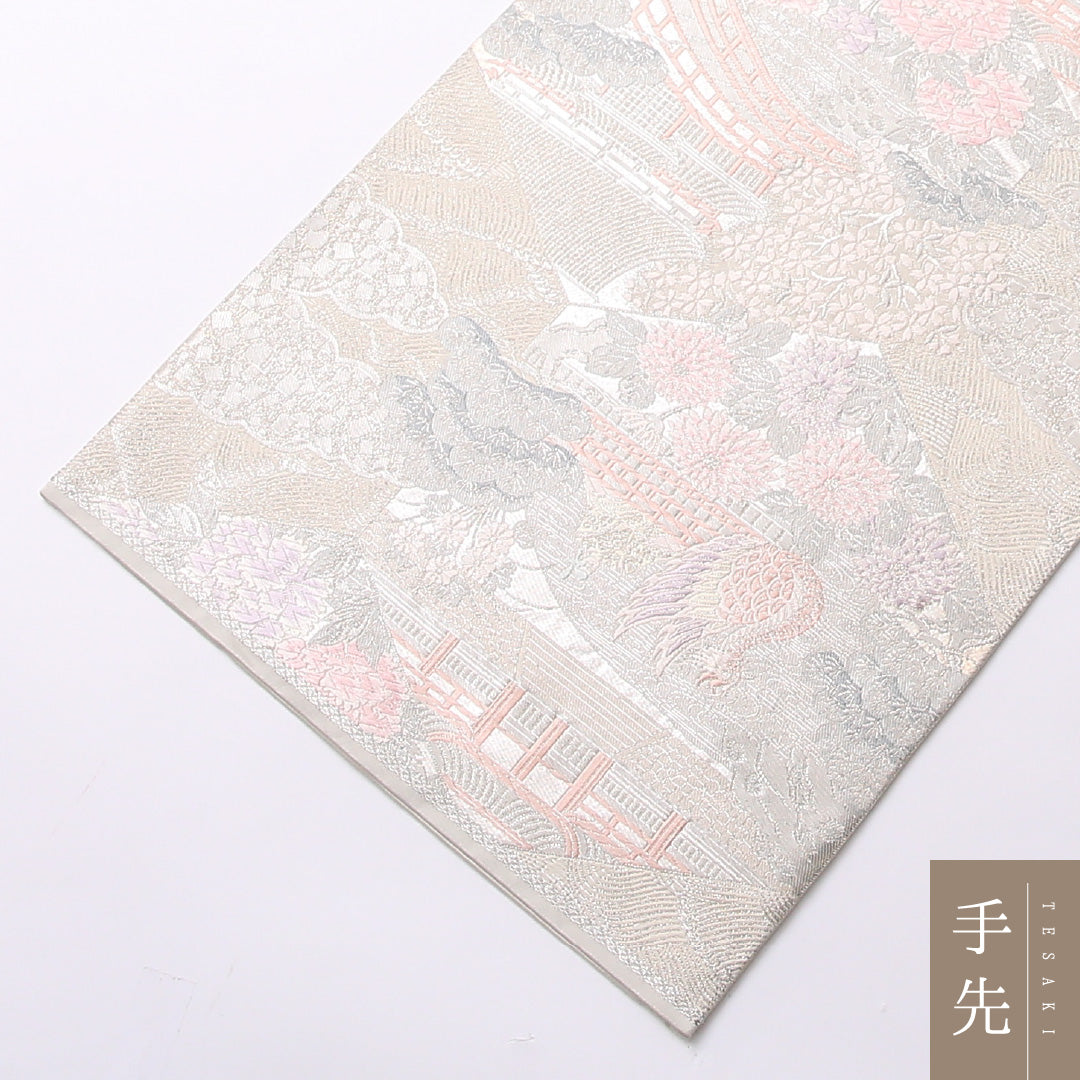 未使用品 袋帯 帯丈428cm 正絹 六通 セミフォーマル 平等院鳳凰堂 銀系 1243-01519