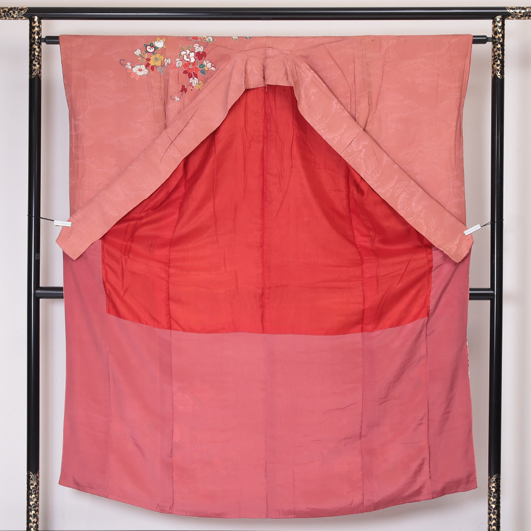 アンティーク 訪問着 (錦紗) 袷 身丈153cm 裄丈62cm 正絹 Aランク 紋意匠 (吉祥文様) 広衿 Sサイズ 牡丹 ピンク系 RP 1217-04502