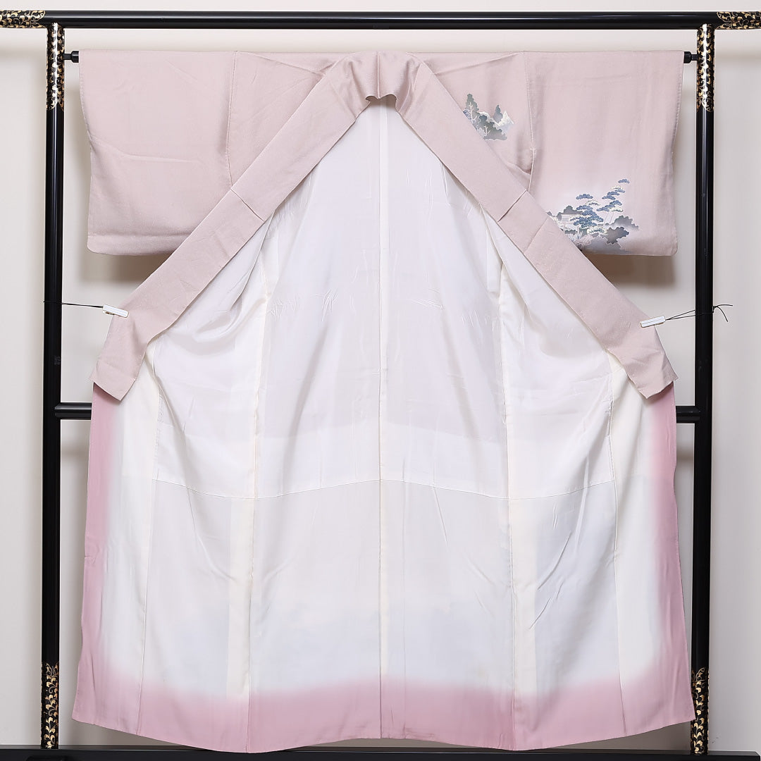 訪問着 袷 身丈156cm 裄丈64cm 正絹 Aランク セミフォーマル 広衿 Mサイズ 風景柄 ピンク系 RP 1217-04665