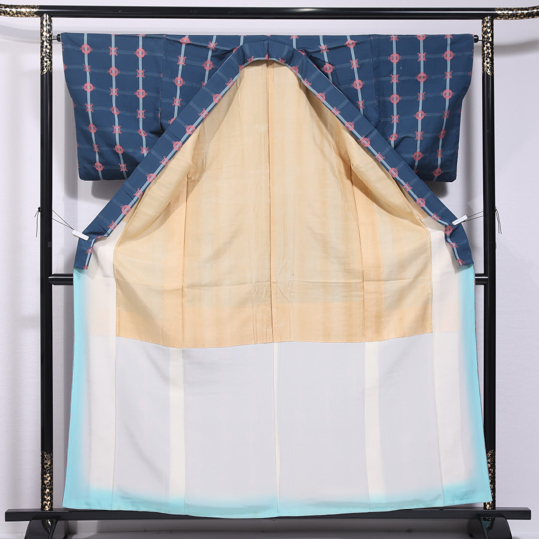 紬 袷 身丈159cm 裄丈63cm 正絹 Aランク カジュアル バチ衿 Mサイズ 格子 青系 HP 1223-11730