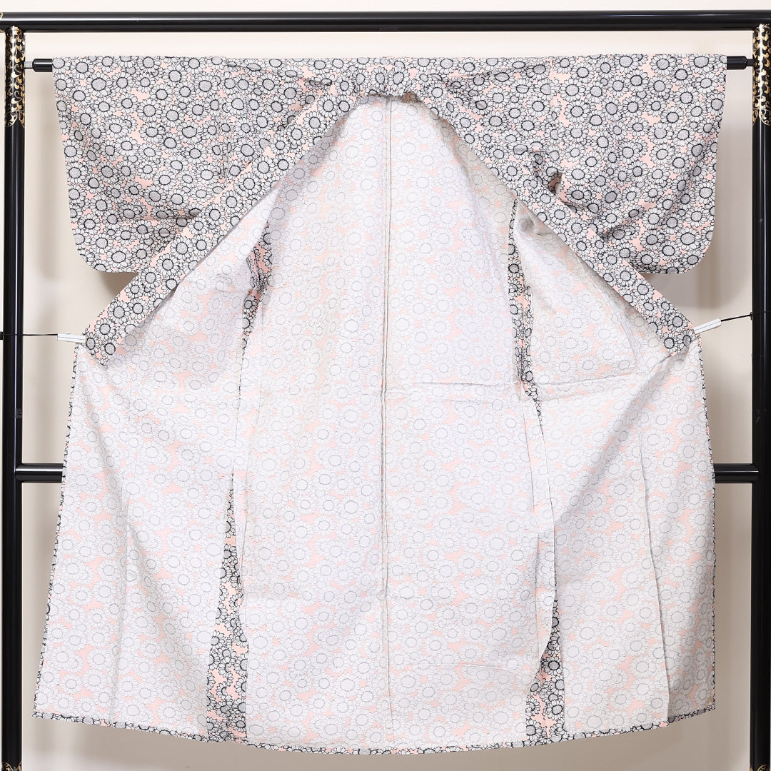 小紋 単衣 身丈138cm 裄63cm 洗える着物 木綿 向日葵 ピンク系 Sランク 1215-02296