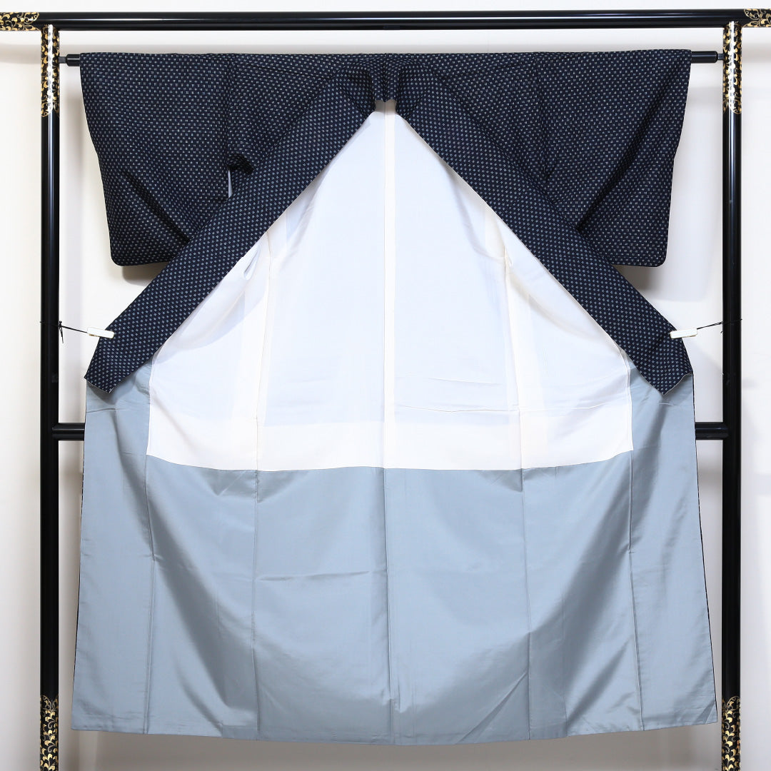 小紋 袷 身丈150cm 裄丈62cm 正絹 Sランク インフォーマル 広衿 Sサイズ 井絣 紺系 RP 1221-01721