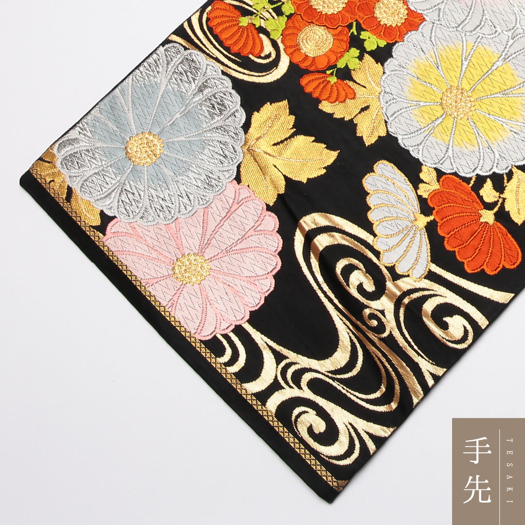 袋帯 帯丈410cm 正絹 六通 フォーマル 観世水 菊 金箔 金系 黒系 1243-01221