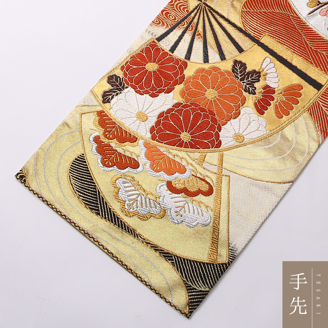 振袖用 袋帯 帯丈432cm 正絹 六通 唐織 扇流し 金系 1243-01550