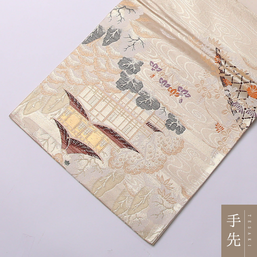 袋帯 帯丈436cm 正絹 六通 純金箔24K 京の四季 セミフォーマル 京洛百景 クリーム系 クリーム系 1243-01565