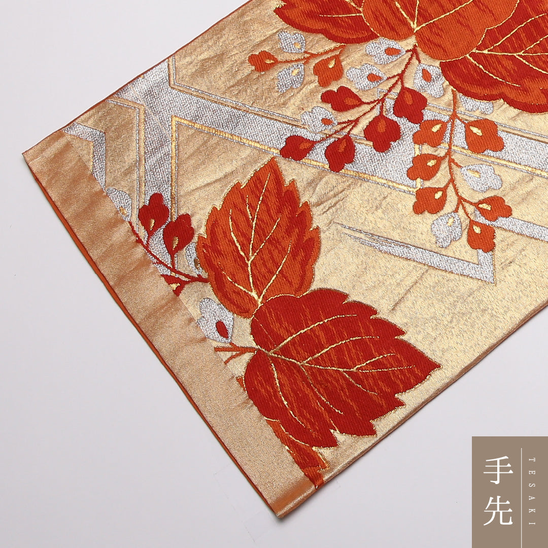 袋帯 帯丈412cm Aランク 全通 正絹 桐 松皮菱 フォーマル 朱系 1223-01403