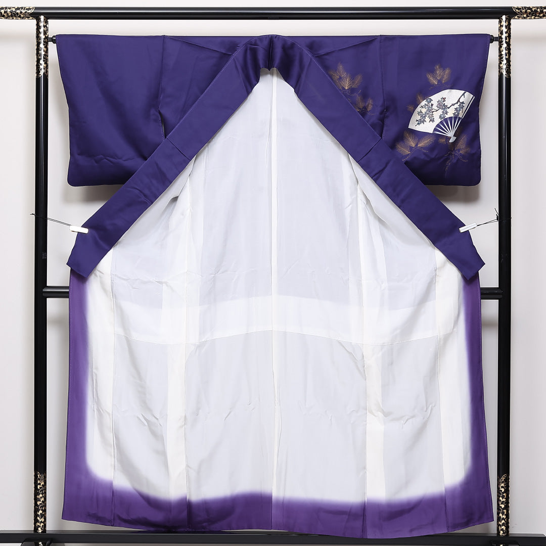 訪問着 袷 身丈158cm 裄64.5cm 正絹 金彩 扇子 鴛鴦 菖蒲 箔 松 Aランク 1212-00697