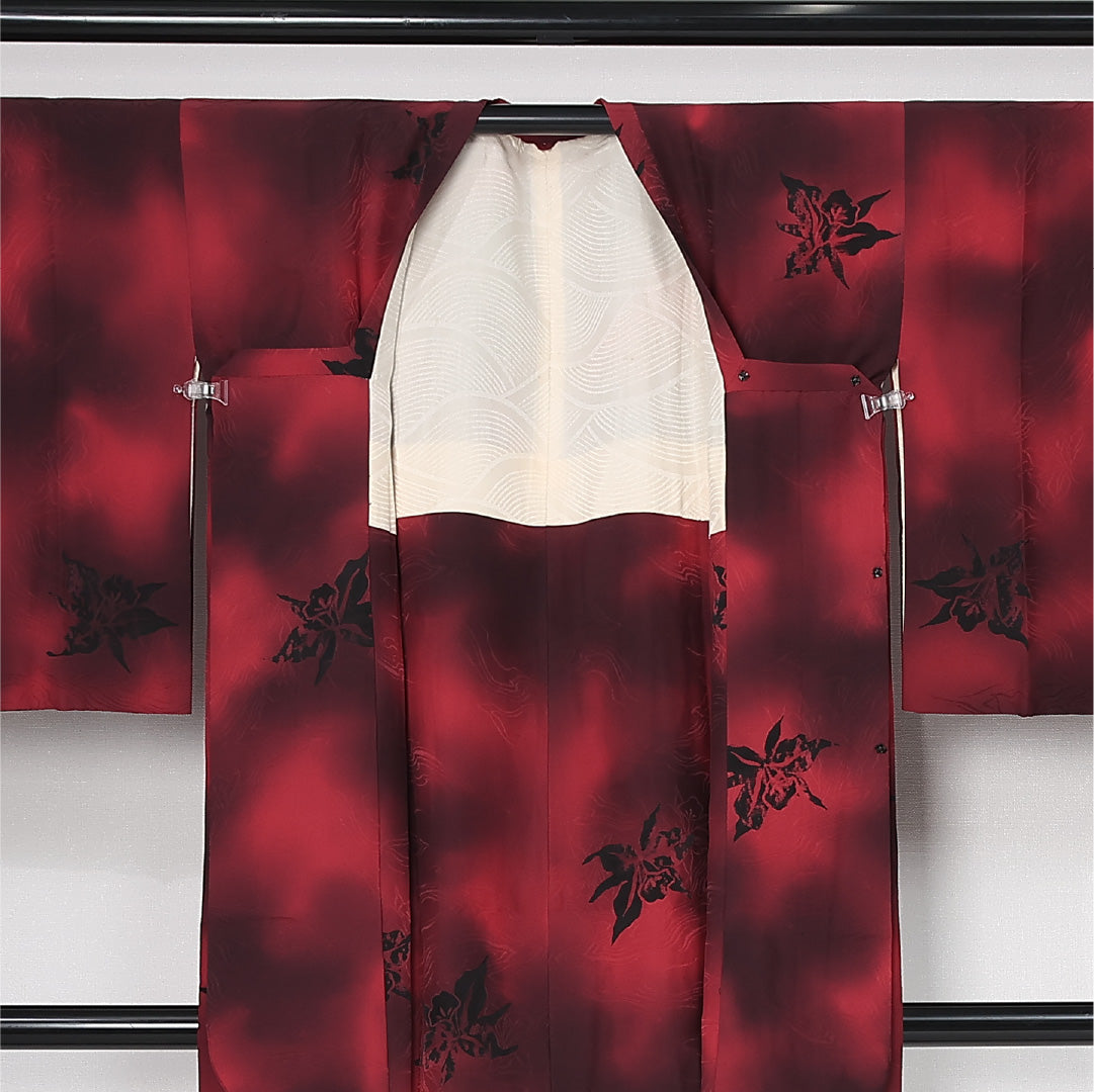 道行コート 袷 身丈87cm 裄丈64cm 正絹 Cランク セミフォーマル Mサイズ ぼかし染 花柄 赤系 M4 1237-12579