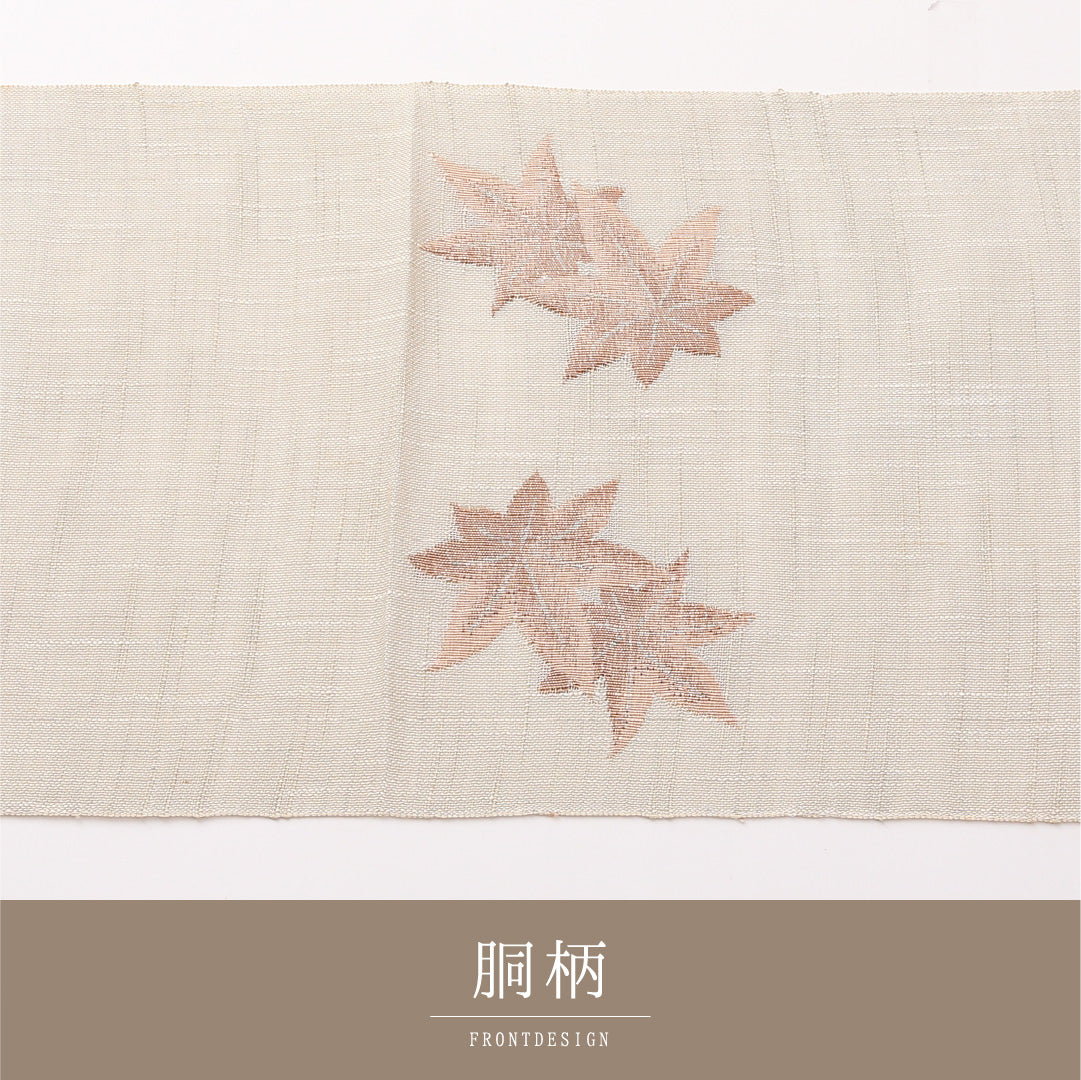夏物 名古屋帯 紬地 ポイント柄 帯丈366cm カジュアル Bランク 正絹 紅葉 楓 クリーム系 1224-02205