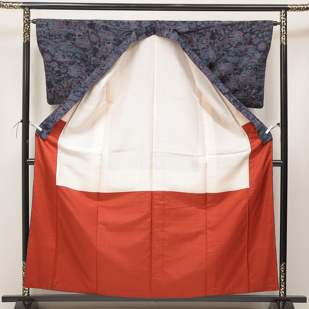 紬 袷 身丈160cm 裄丈64cm 正絹 Aランク インフォーマル バチ衿 Lサイズ 花柄 素朴 淡い 紫系 RP 1223-16907