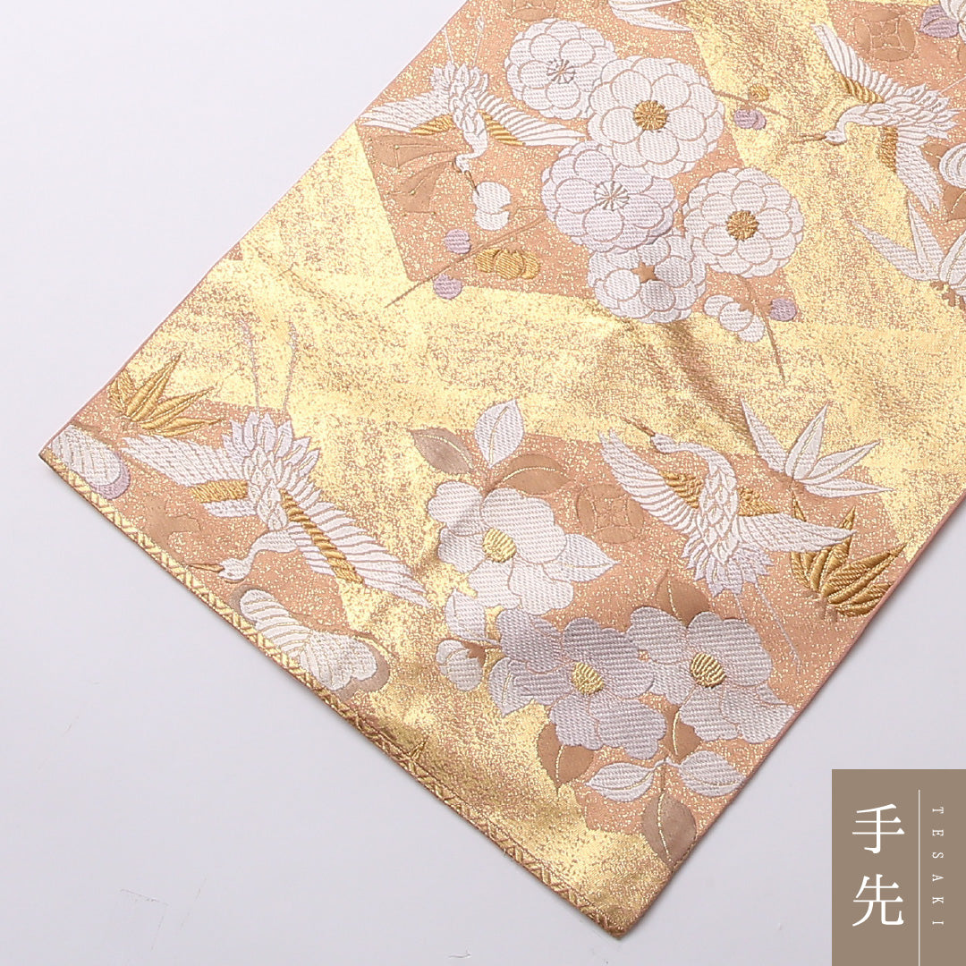 袋帯 帯丈444cm 正絹 六通 フォーマル 松鶴 四季草花 ピンク系 金系 1243-01605