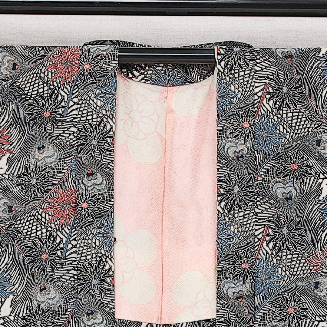 羽織 袷 身丈84cm 裄丈64cm 正絹 Aランク カジュアル Mサイズ 菊 孔雀の羽 グレー系 HP 1232-13882