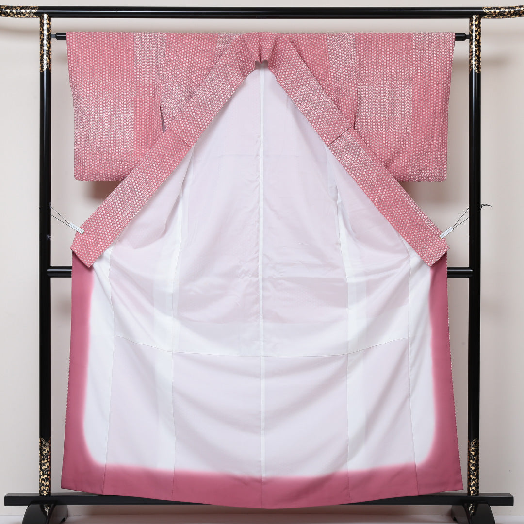 小紋 袷 身丈161cm 裄丈63cm 正絹 Bランク インフォーマル 広衿 Lサイズ 花柄 ピンク系 HP 1221-01425