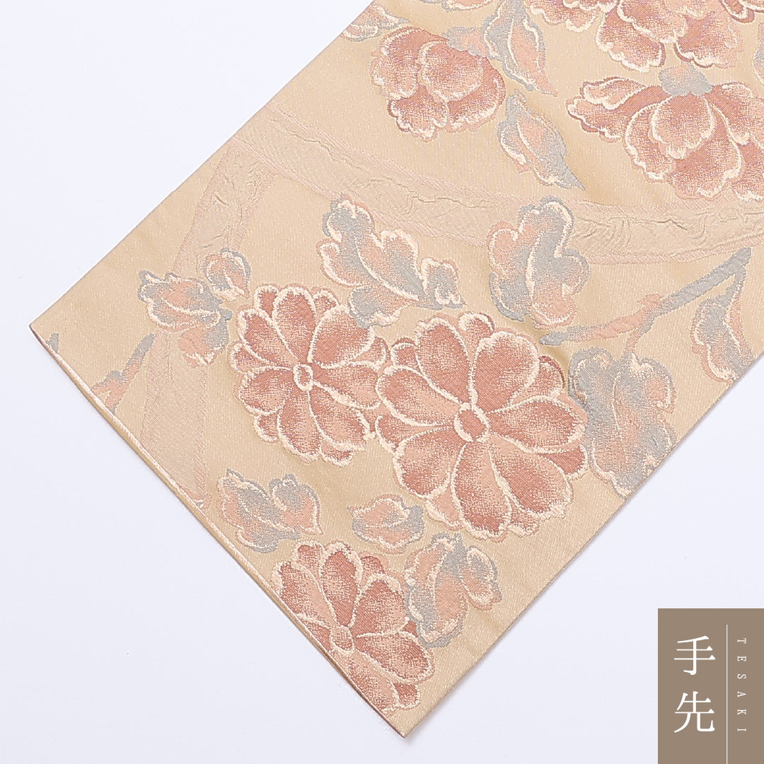 袋帯 帯丈424cm 六通 牡丹 金糸 セミフォーマル 金系 正絹 Sランク 1223-00967
