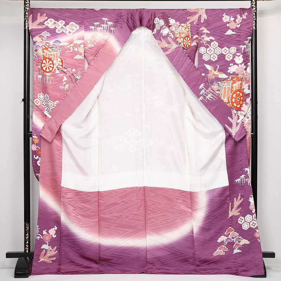 振袖 身丈173cm 裄丈69.5cm Sランク 正絹 袷 広衿 2XL 金駒刺繍 御所車 フォーマル 紫系 1213-F0516