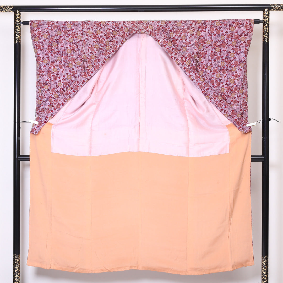 アンティーク 小紋 袷 身丈149cm 裄丈62cm 正絹 Aランク バチ衿 XSサイズ 梅 松 ピンク系 HP 1221-01929