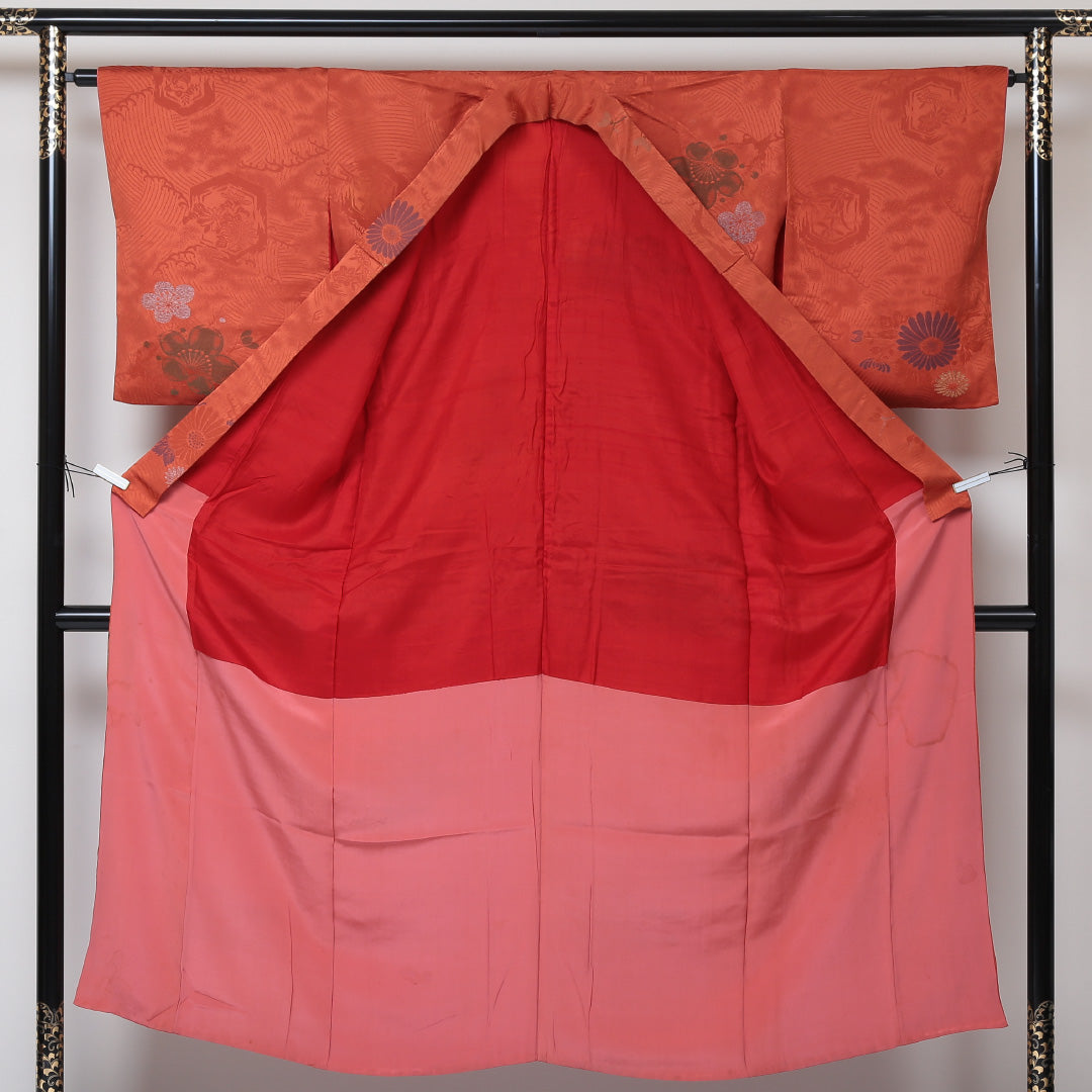 アンティーク 小紋 袷 身丈148cm 裄64.5cm 朱系 花柄 正絹 Bランク 1215-01500-4116