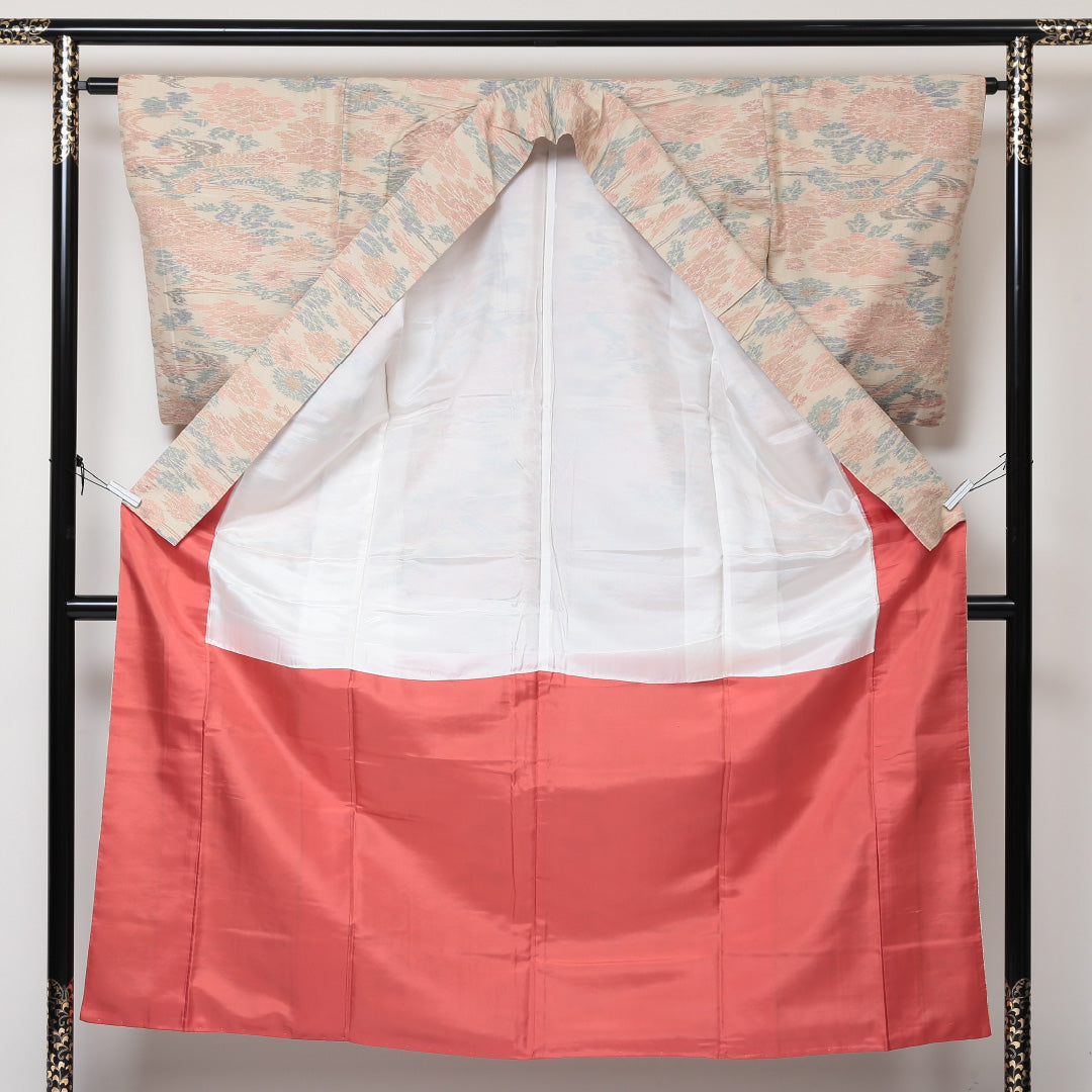 紬 袷 身丈152cm 裄丈63cm 正絹 Sランク カジュアル 広衿 Sサイズ 船 流水 菊 クリーム系 RP 1223-03096