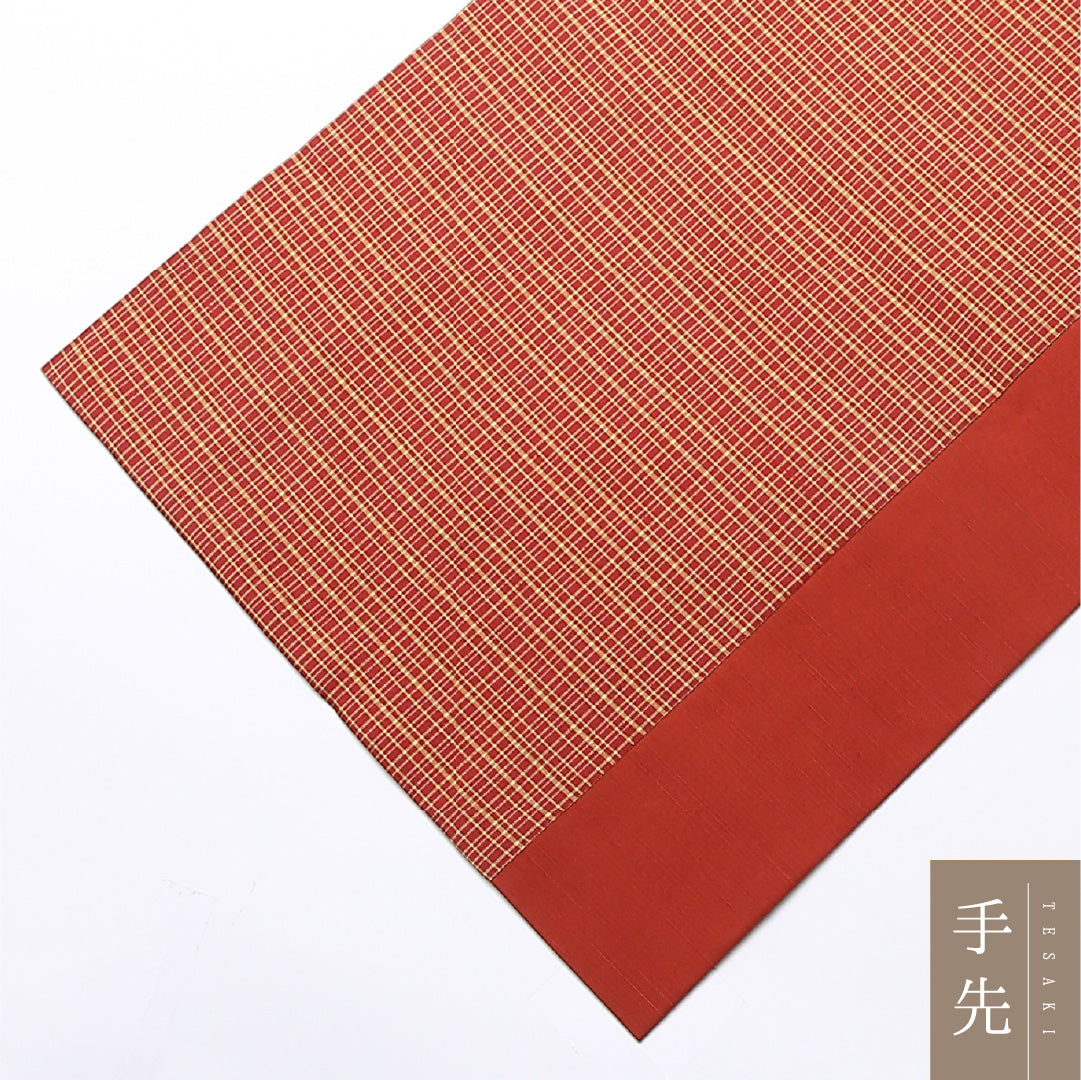 未使用品 九寸名古屋帯 Nランク 帯丈364cm 正絹 全通 開き仕立て 織り カジュアル しつけ糸 紬 創作柄 朱系 GP 1245-02498