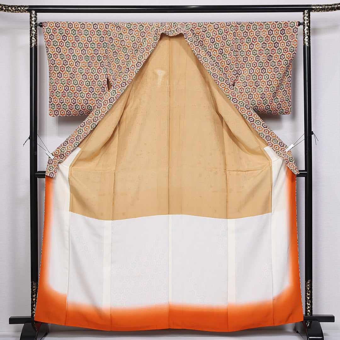 小紋 身丈163cm 裄丈64cm L 正絹 Sランク 袷 バチ衿 花亀甲 1215-10940