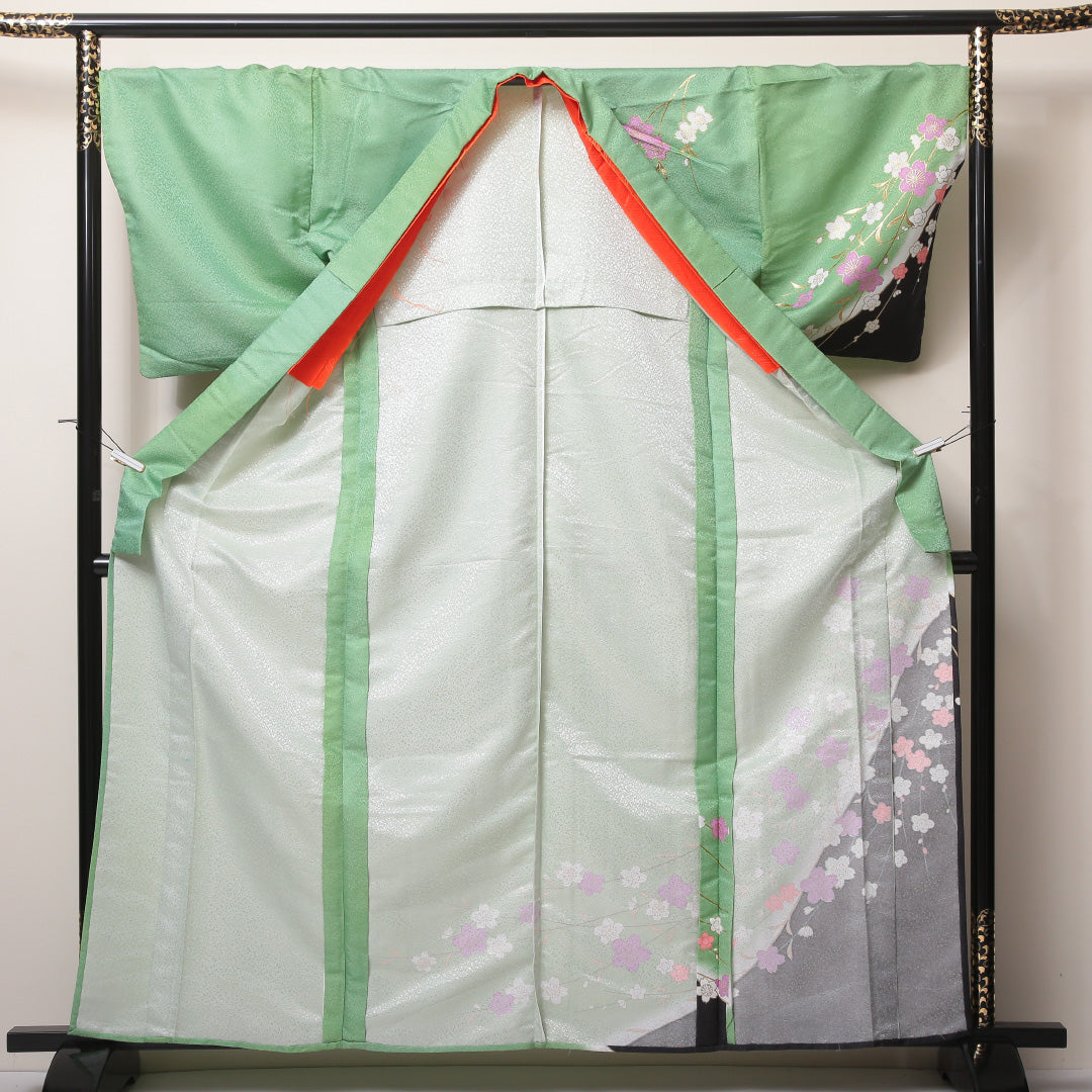 訪問着 単衣 身丈160~164cm 裄70cm ポリエステル 洗える着物 桜や梅 舞台用 緑系 Bランク 1212-00593