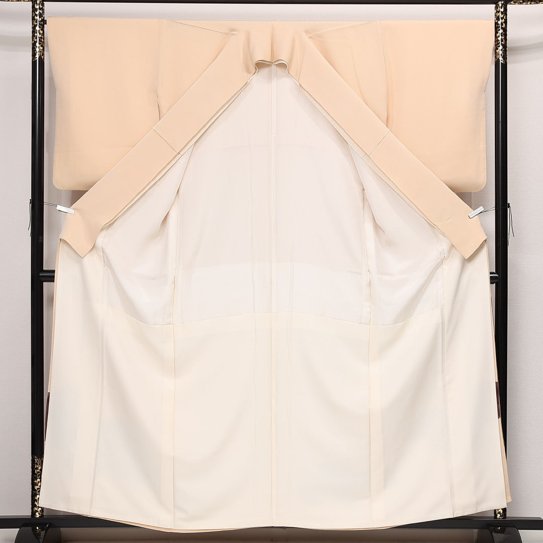 色留袖 三つ紋 丸に枝竜胆 身丈159cm 裄丈67cm Bランク 正絹 袷 比翼 広衿 M 刺繍 鶴 セミフォーマル 独創的 存在感 クリーム系 ピンク系 1211-F0573
