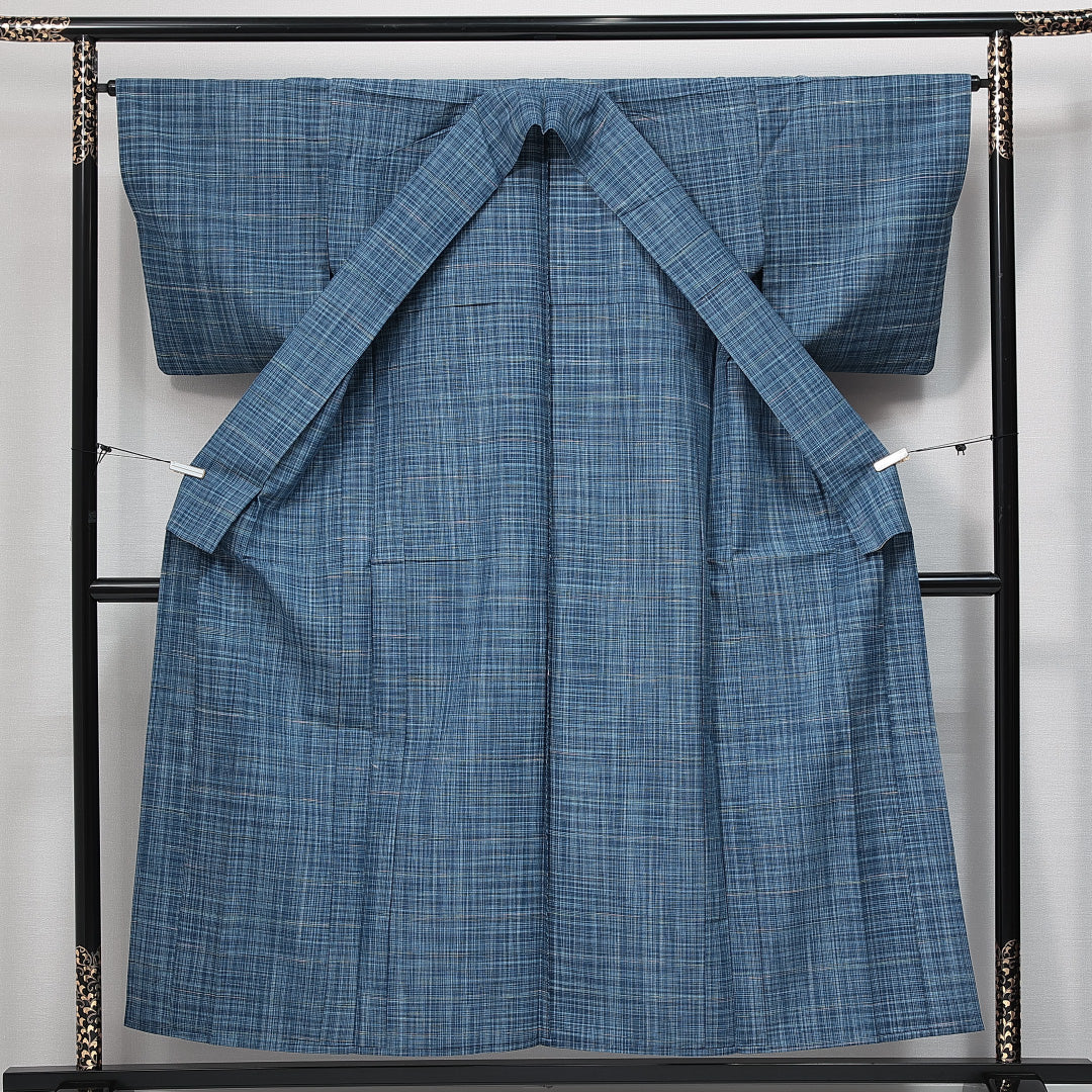 紬 単衣 身丈153cm 裄丈64cm 正絹 Aランク カジュアル 広衿 Sサイズ 格子 水色系 RP 1223-14728