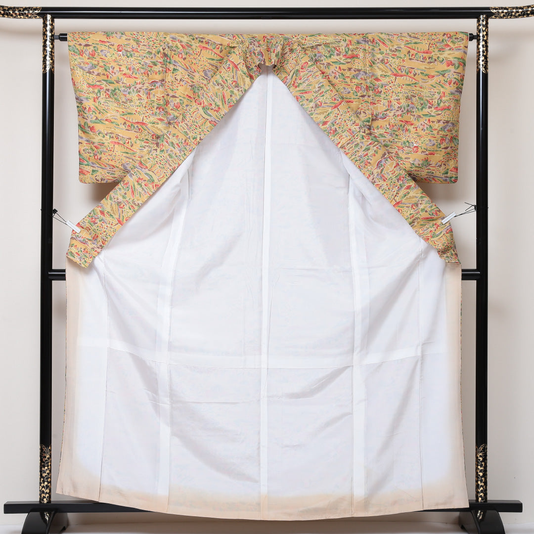 小紋 洗える着物 袷 身丈161cm 裄丈64cm ポリエステル Aランク Lサイズ 広衿 インフォーマル 茶屋辻 黄系 1215-01596