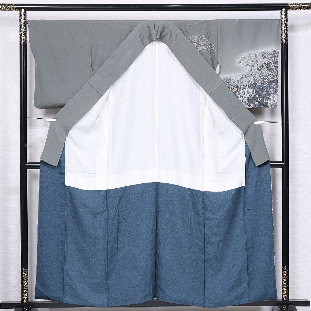 訪問着 (ちりめん) 袷 身丈150cm 裄丈66cm 正絹 Aランク セミフォーマル 広衿 Sサイズ 更紗 証紙 花柄 ちりめん グレー系 M4 1217-11209