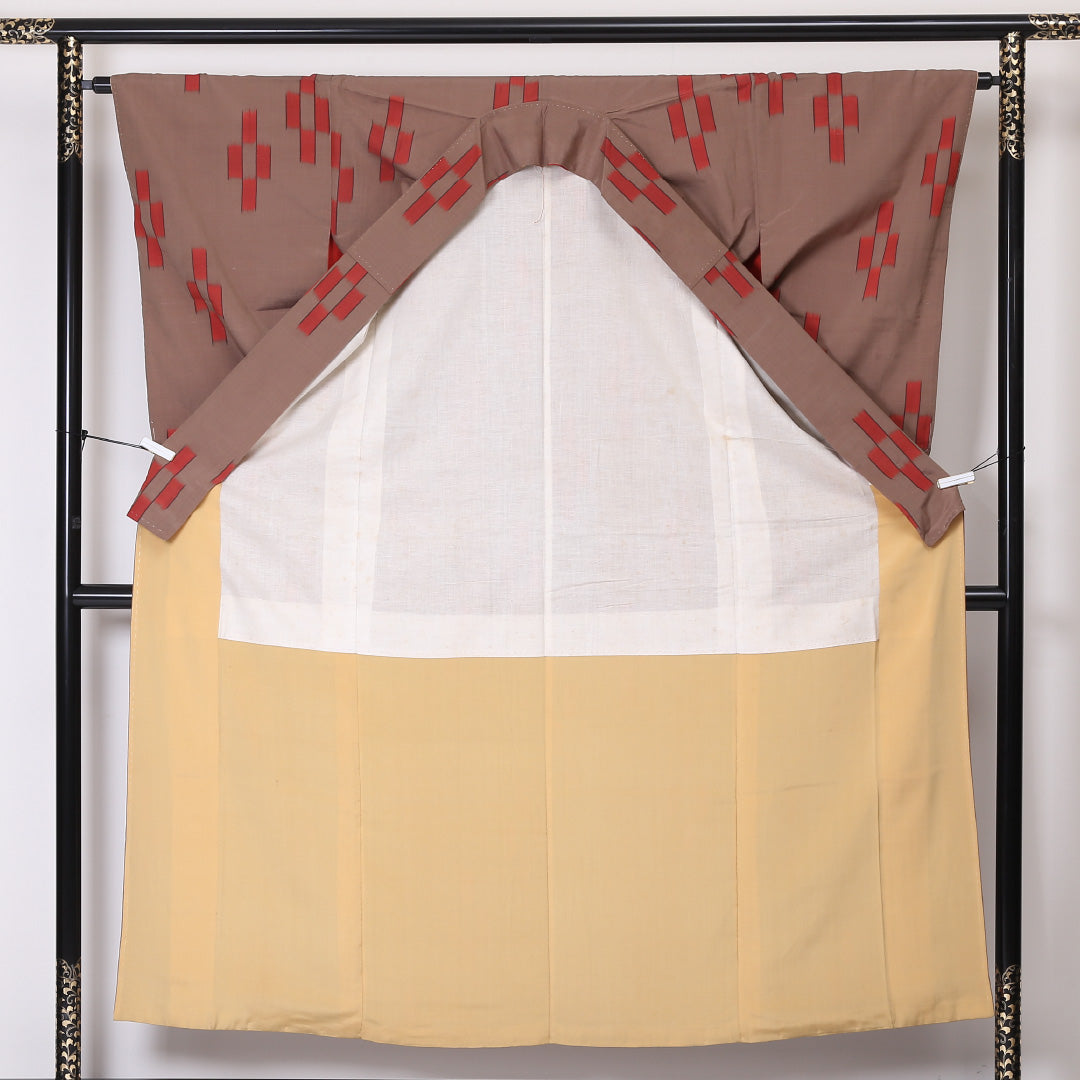 アンティーク 小紋 袷 身丈152cm 裄丈64cm 正絹 Bランク 広衿 Sサイズ 絣柄 茶系 RP 1221-01974