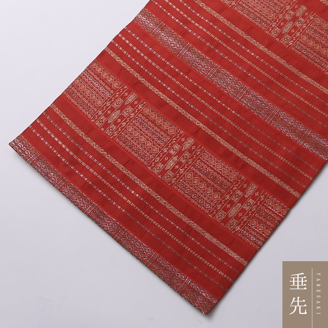 九寸名古屋帯 Sランク 帯丈351cm 正絹 六通 名古屋仕立て 織り カジュアル 創作柄 赤系 LP 1245-02619