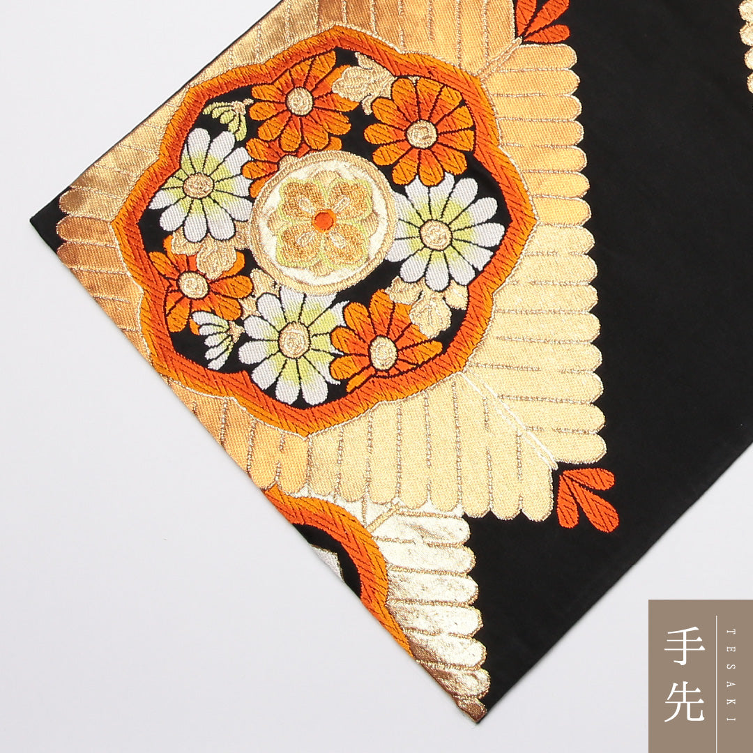 袋帯 帯丈422cm 正絹 六通 フォーマル 唐織 宝相華 若松 黒系 1243-01274