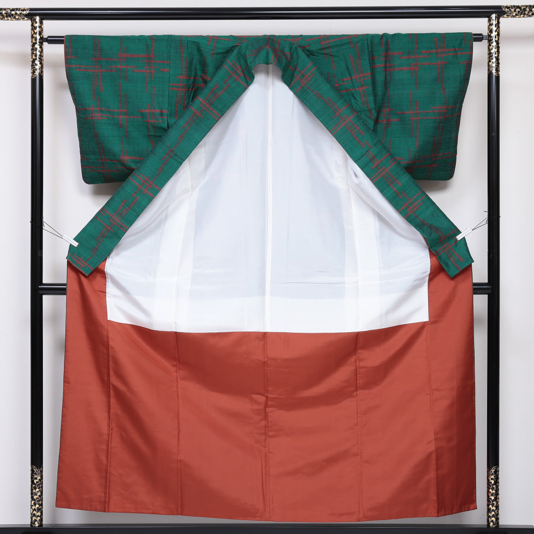 紬(真綿紬) 袷 身丈157cm 裄丈62cm 正絹 Sランク Mサイズ 広衿 カジュアル 創作柄 緑系 1216-03161