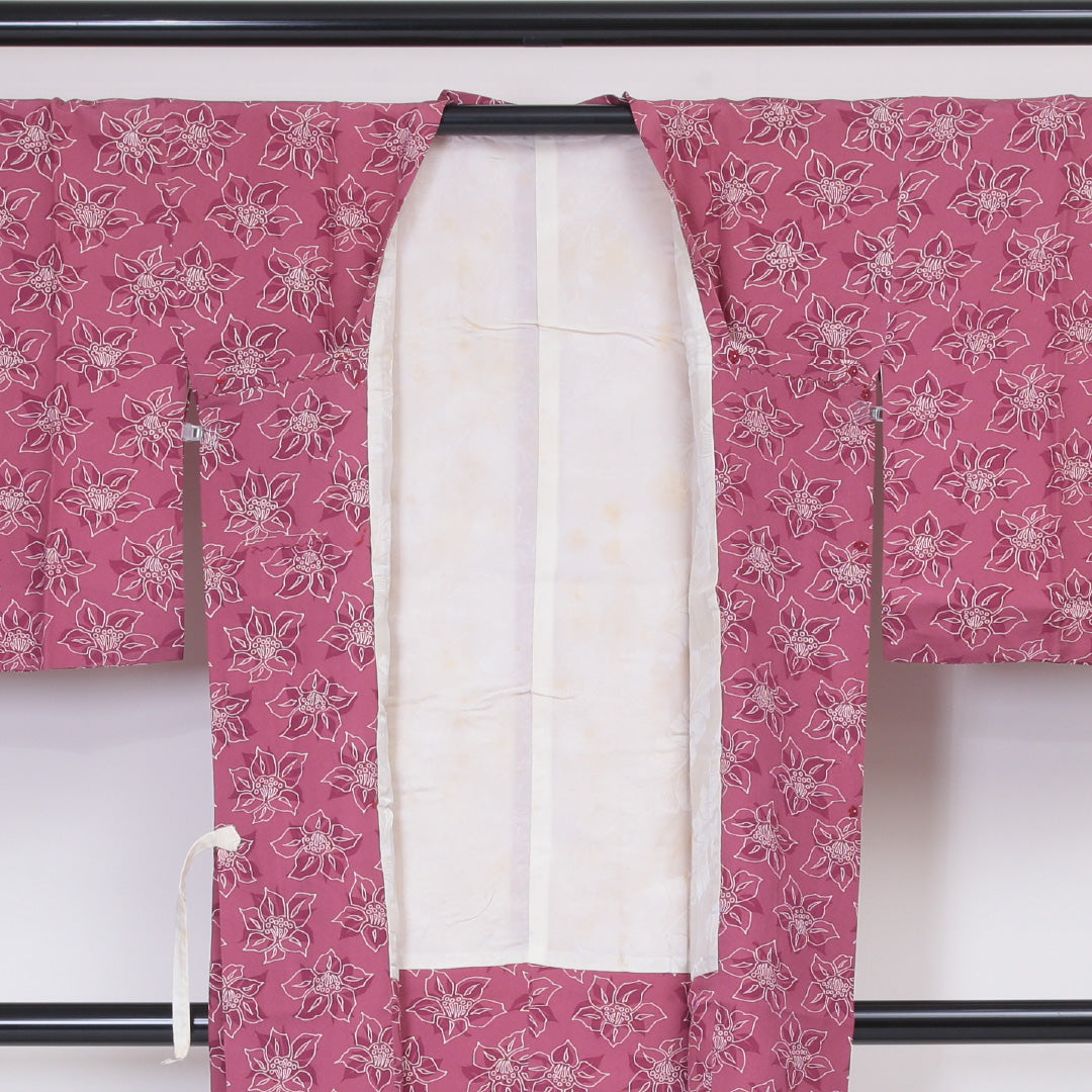 道行コート 袷 身丈88cm 裄63cm 正絹 ちりめん Bランク ボタニカル ピンク系 1217-00436