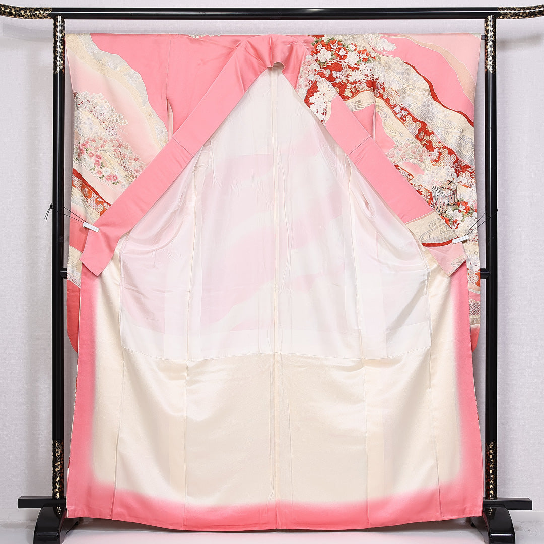 振袖 身丈161cm 裄丈66.5cm 袷 正絹 Aランク 広衿 御所車 吉祥文様 1213-F0296