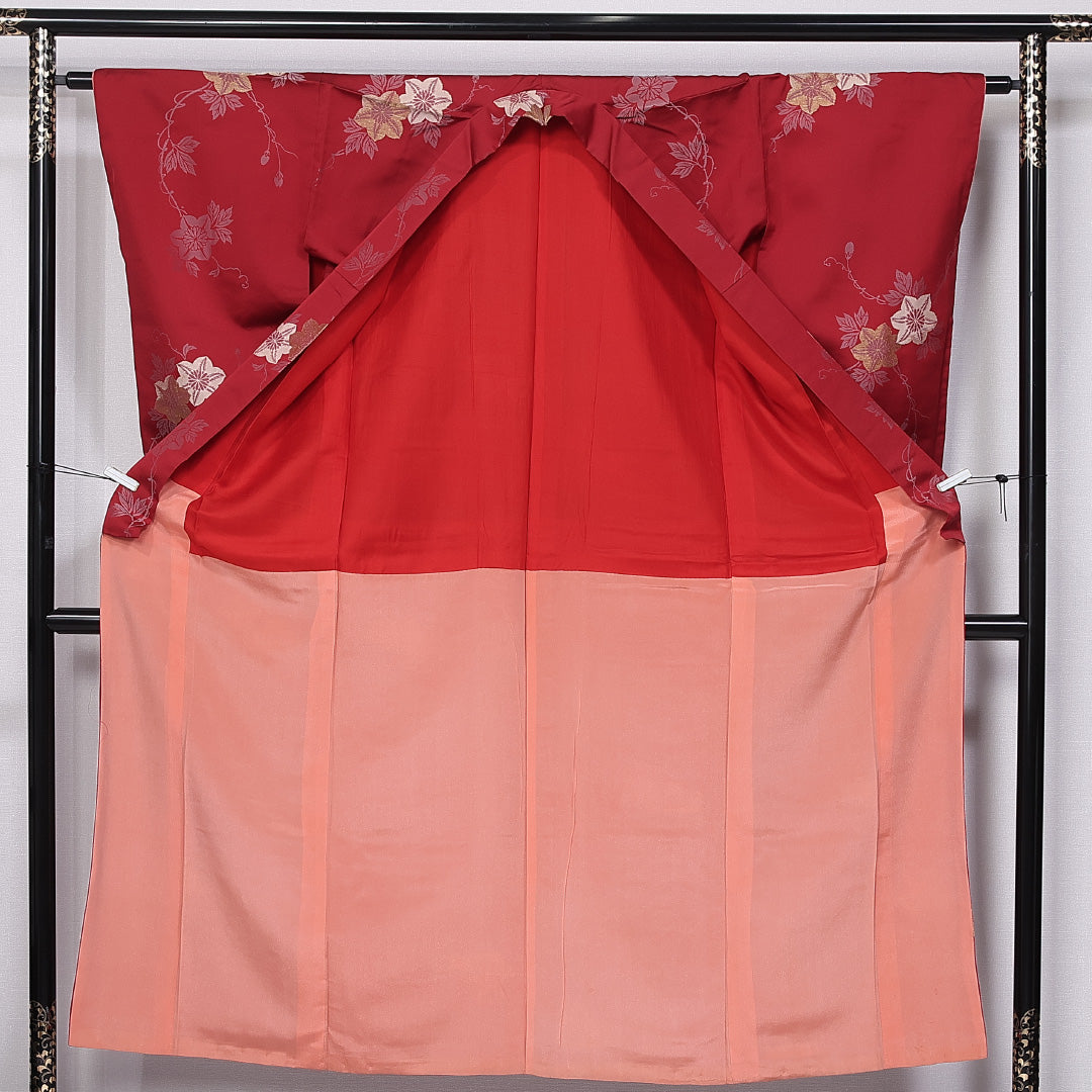 アンティーク お召 袷 身丈149cm 裄丈63cm 正絹 Bランク バチ衿 XSサイズ 鉄線 葛 赤系 M4 1222-11395