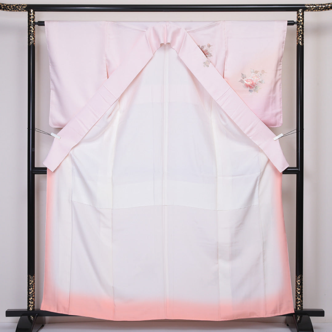 訪問着 袷 身丈160~164cm 裄63cm 正絹 和重 牡丹 流水 作家物 ぼかし ピンク系 画 Sランク 1212-00547