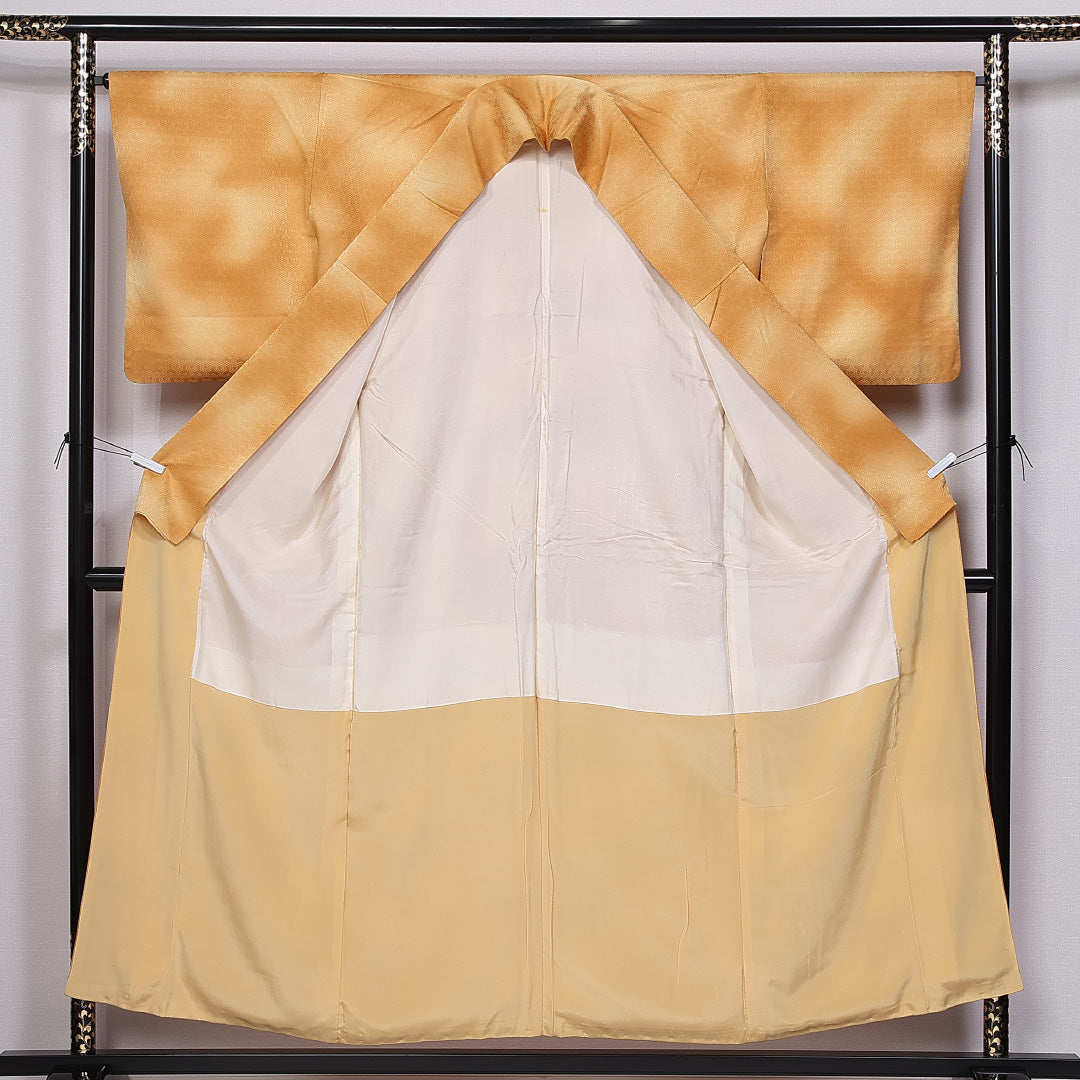 色無地 身丈154cm 裄丈64.5cm S 正絹 Aランク 袷 広衿 毘沙門亀甲 ぼかし 地紋あり 1214-10730