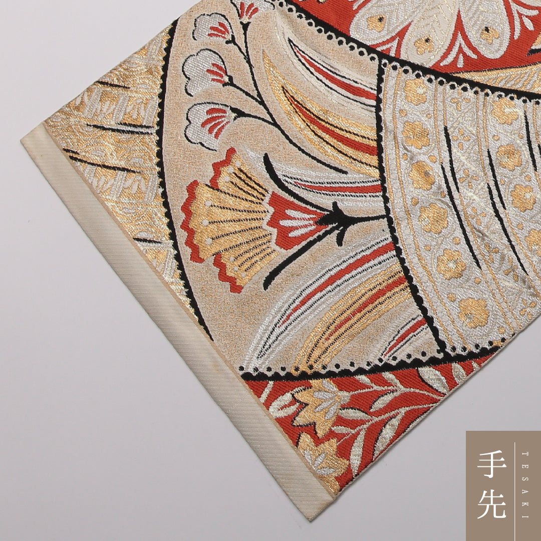アンティーク 袋帯 帯丈418cm 正絹 六通 孔雀 花柄 クリーム系 1243-01357