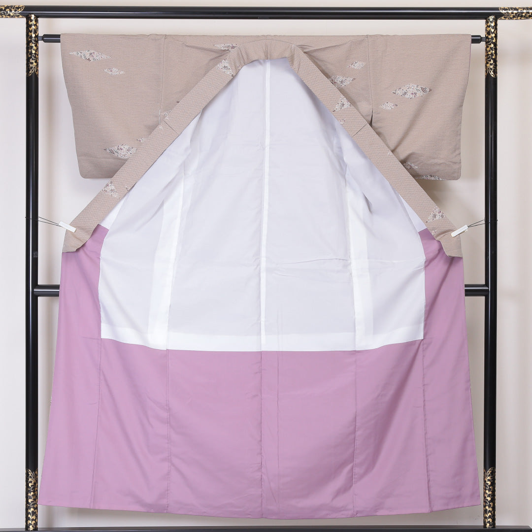 紬 袷 身丈165cm 裄丈62cm 正絹 Sランク カジュアル バチ衿 XLサイズ 染め紬 菱 花柄 ベージュ系 RP 1223-03380