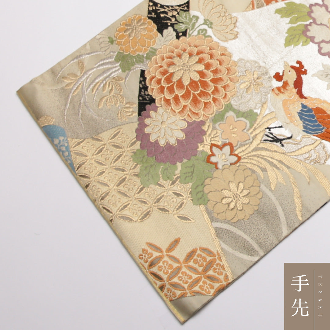 アンティーク 丸帯 帯丈412cm 正絹 全通 唐織 鳳凰 花鳥文 クリーム系 1242-01376