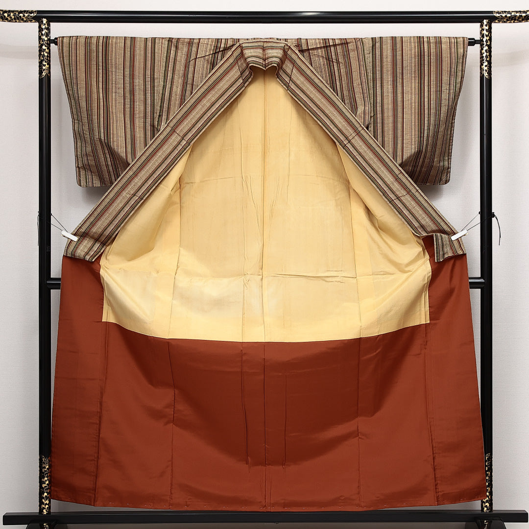 上田紬 袷 身丈160cm 裄丈63cm 正絹 Aランク カジュアル 広衿 Lサイズ 縞 茶系 HP 1223-14106
