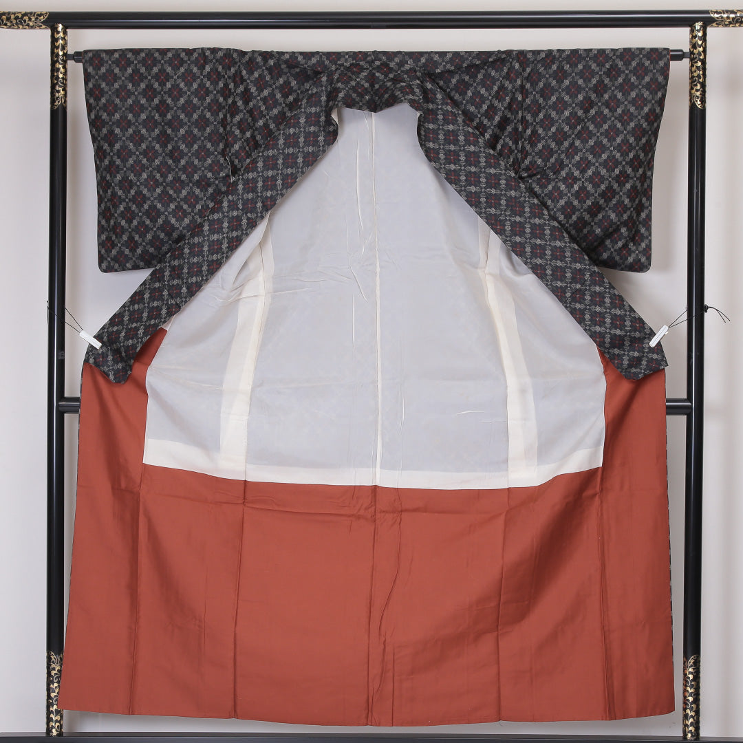 アンサンブル 紬 袷 身丈157cm 裄65cm 正絹 花柄 紺系 Aランク 1216-00922