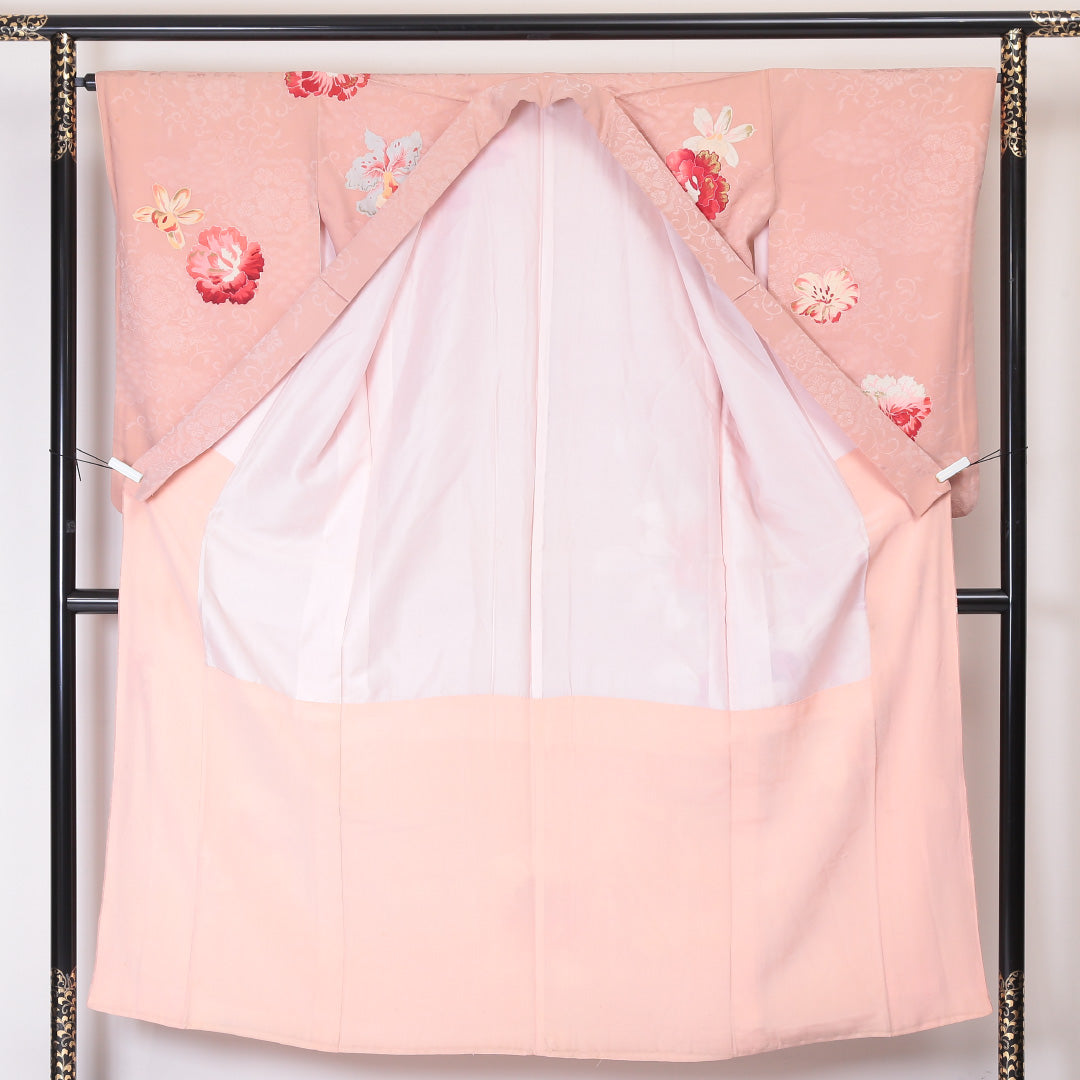 アンティーク 訪問着 袷 身丈148cm 裄丈66cm 正絹 Cランク 一つ紋 バチ衿 XSサイズ 金彩 薔薇 ピンク系 PO 1217-04493