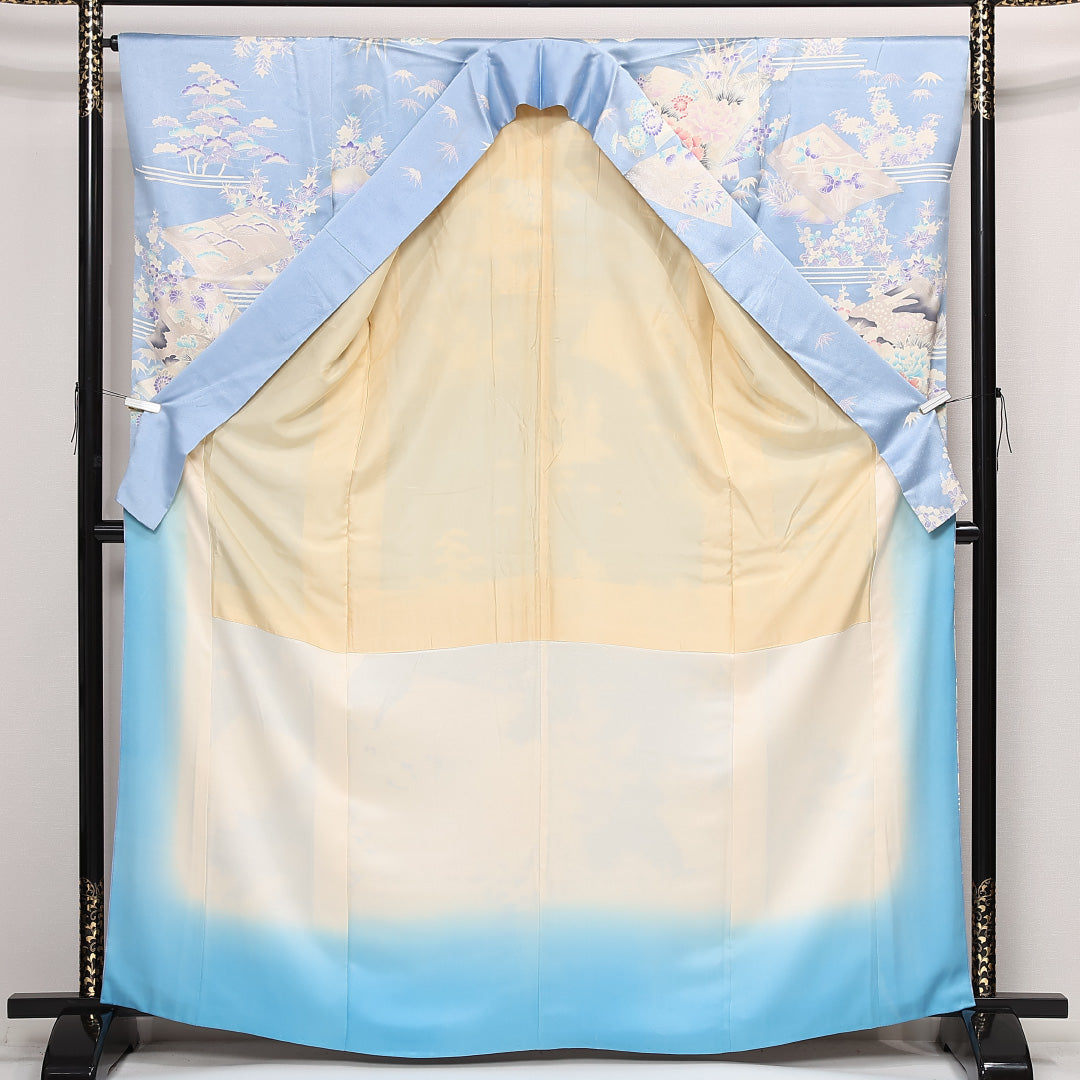 振袖 身丈165cm 裄丈66.5cm Aランク 正絹 袷 広衿 XL 銀駒刺繍 吉祥文様 牡丹 フォーマル 古典的 爽やか 水色系 1213-F0568