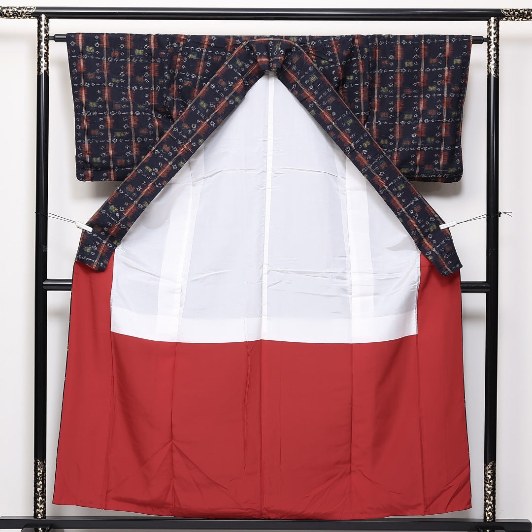 真綿紬 袷 身丈158cm 裄丈62cm 正絹 Aランク カジュアル 広衿 Mサイズ 縞 紺系 RP 1223-03830