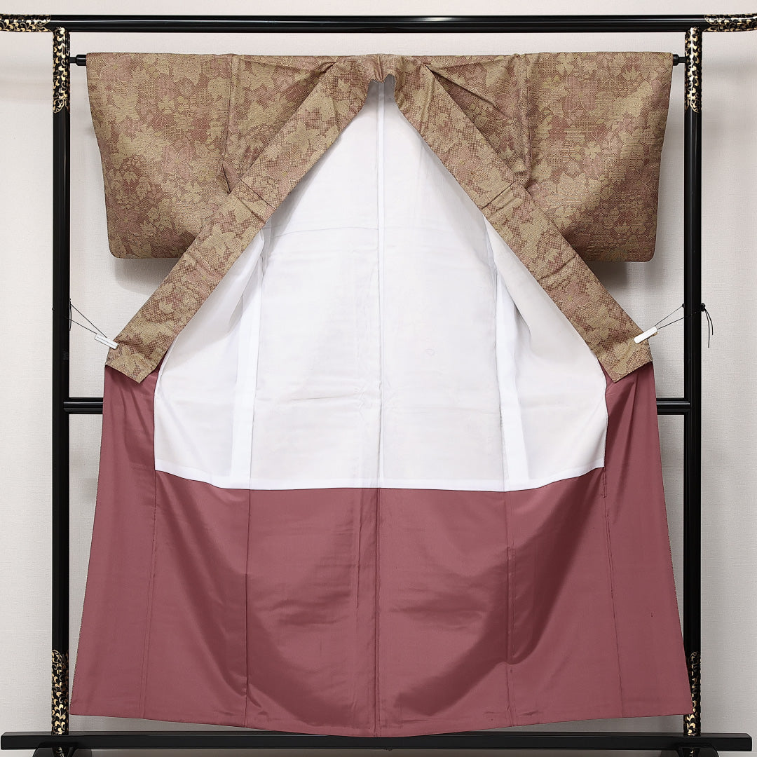 洗える着物 紬 袷 身丈156cm 裄丈64cm ポリエステル Sランク カジュアル 広衿 Mサイズ 葡萄 ベージュ系 RP 1223-14205