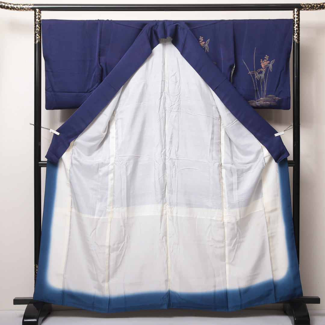 訪問着 袷 身丈160~164cm 裄69cm 正絹 鴛鴦や菖蒲 金彩 青系 Bランク 1212-00594