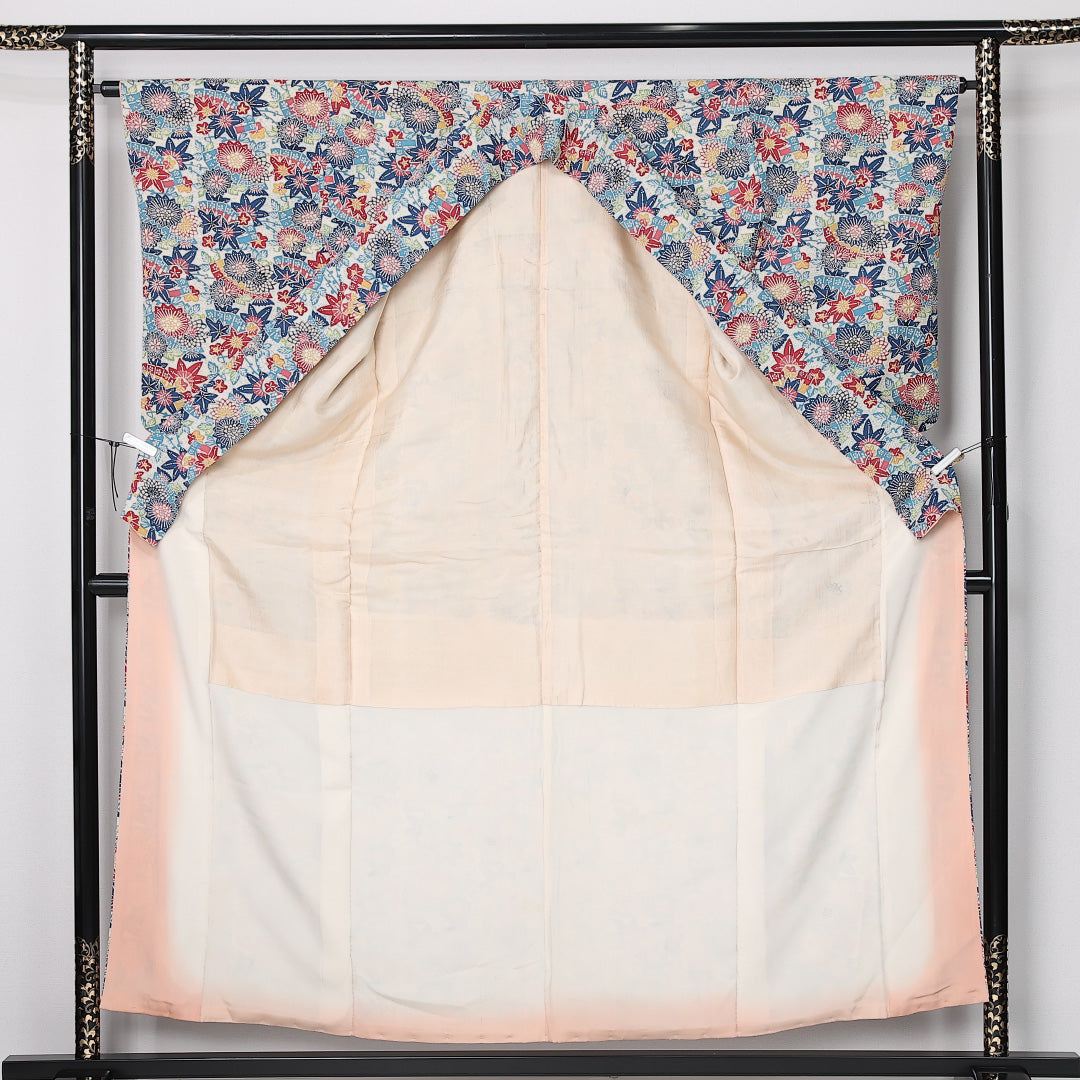 アンティーク 京紅型 小紋 身丈154cm 裄丈64cm Aランク S 正絹 袷 広衿 ポップ 扇 菊 紅葉 青系 1215-12507