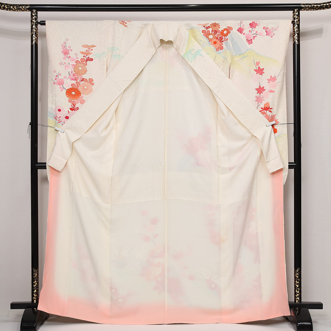 振袖 身丈168cm 裄丈65cm Aランク 正絹 袷 広衿 XL 牡丹 吉祥文様 菊 フォーマル 古典的 華やか クリーム系 白系 1213-F0545